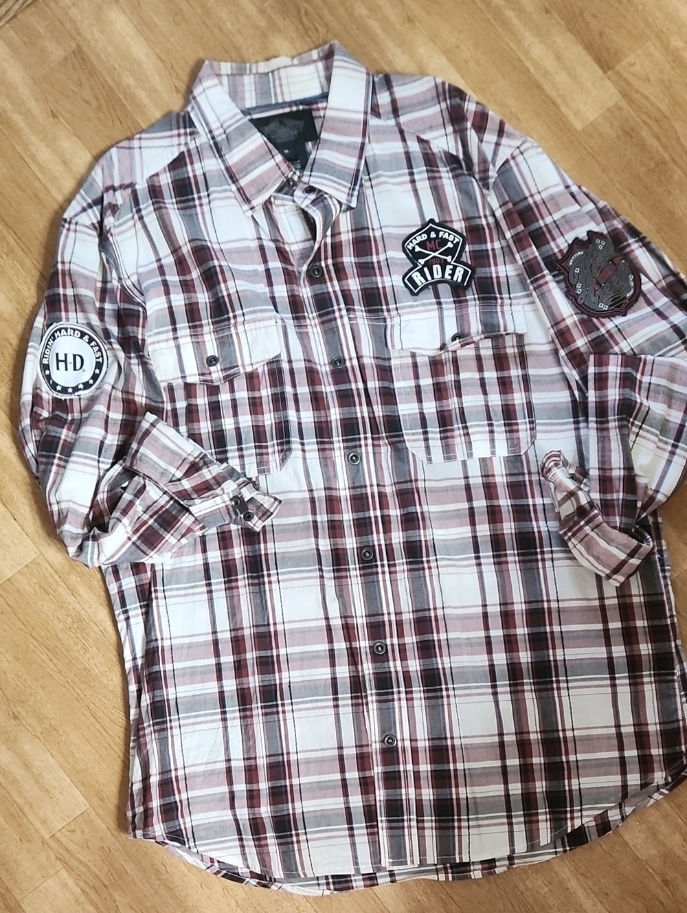 Harley-Davidson Burgundy and White Plaid Button-Down Shirt